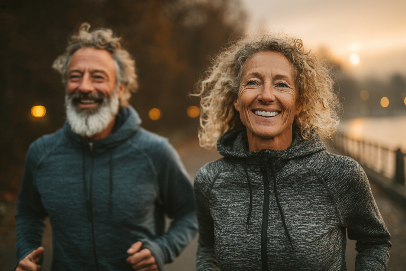 Щаслива сімейна пара старшого віку виконує фізичні вправи разом